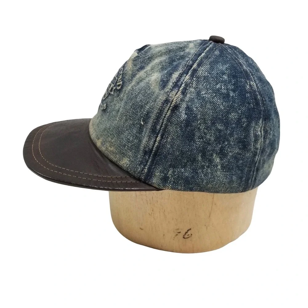 Adventure Bound Acid Wash Denim Cap Leather Bib Baseball Distressed Streetwear